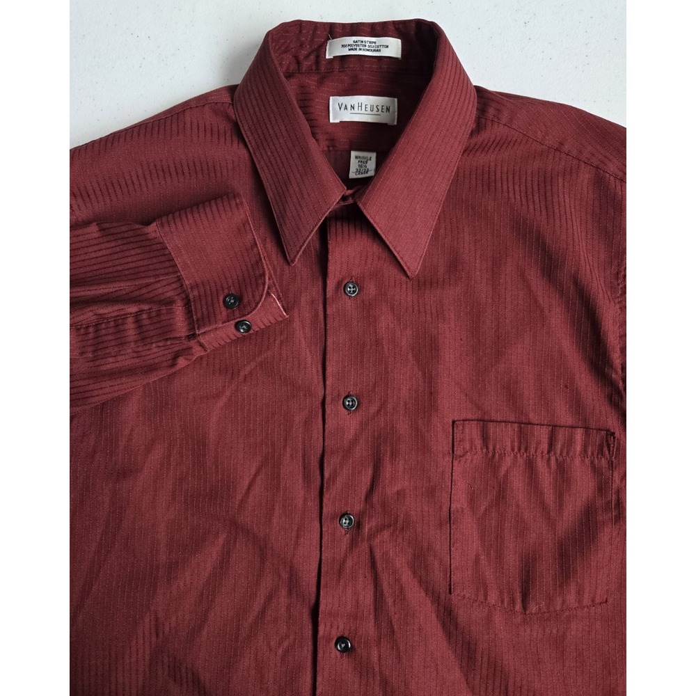 Van Heusen‎ Men's L Wine Maroon Satin Stripe Wrinkle Free Long Sleeve Button Up